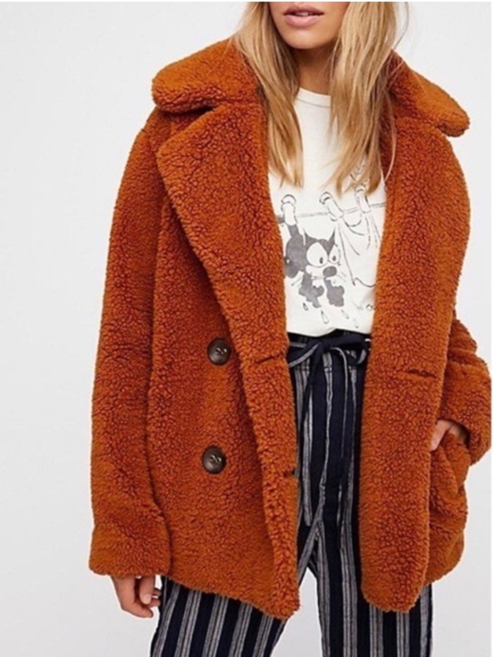 Free People Brown Carmel Notched Teddy Oversized Peacoat Size Medium